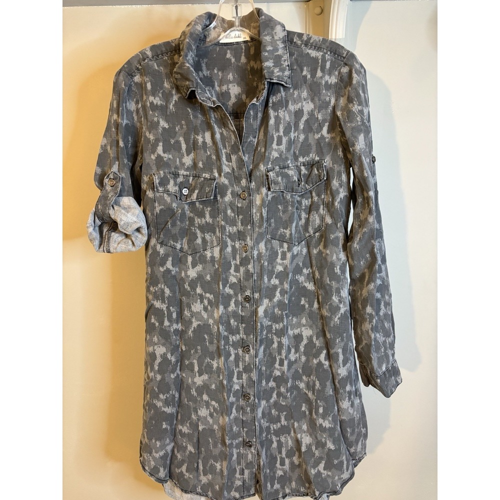 BELLA DAHL Gray Camouflage Shirt Dress XS Roll Tab Sleeve Anthropologie